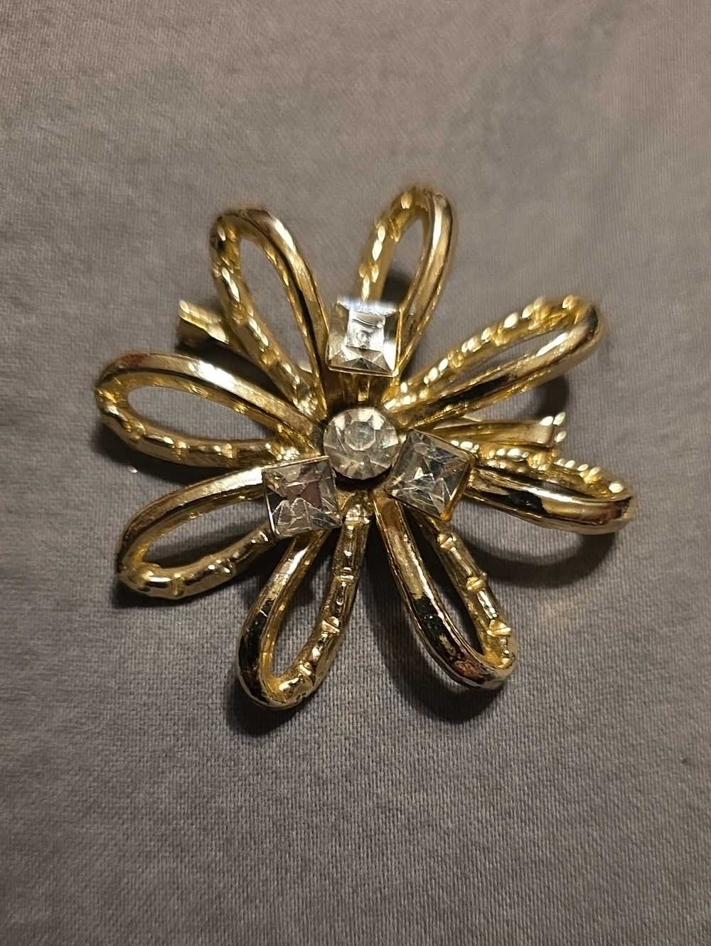 Gold Flower Brooch with Clear Accent Stones - Women's Jewelry